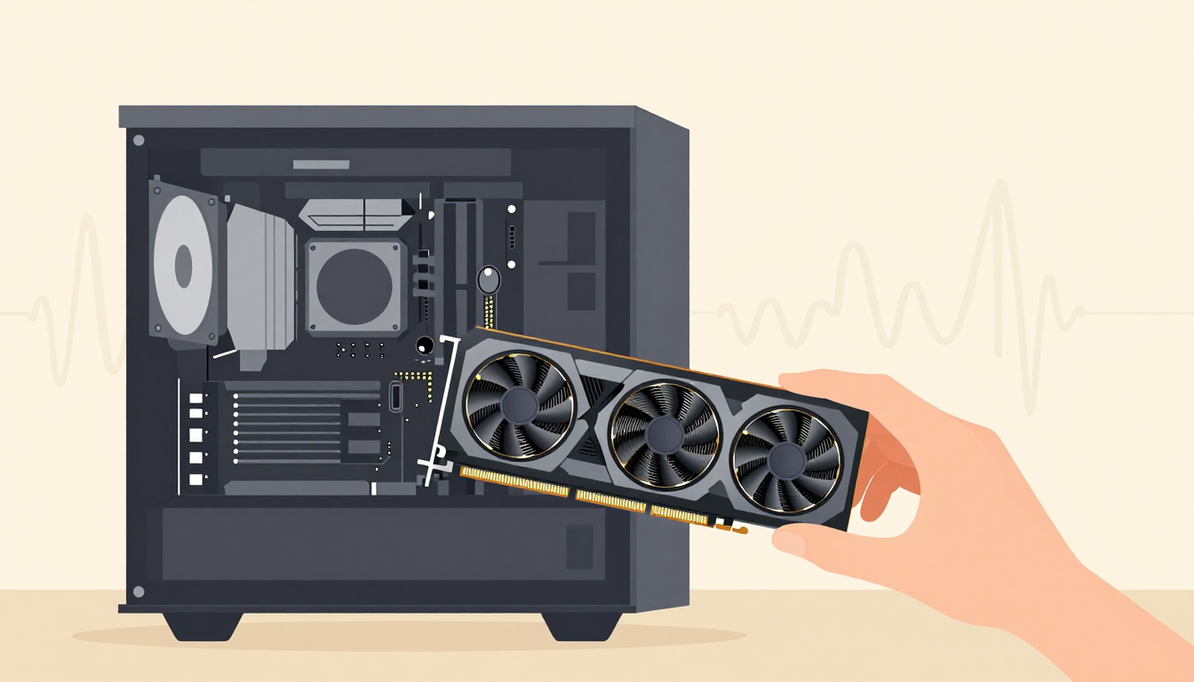 A hand places a graphics card into an open computer case.