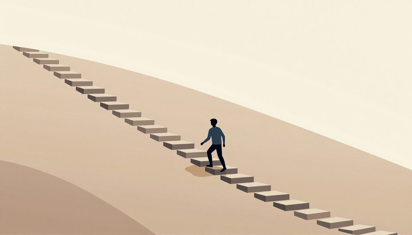 A solitary figure climbs a long, ascending staircase of stone steps.