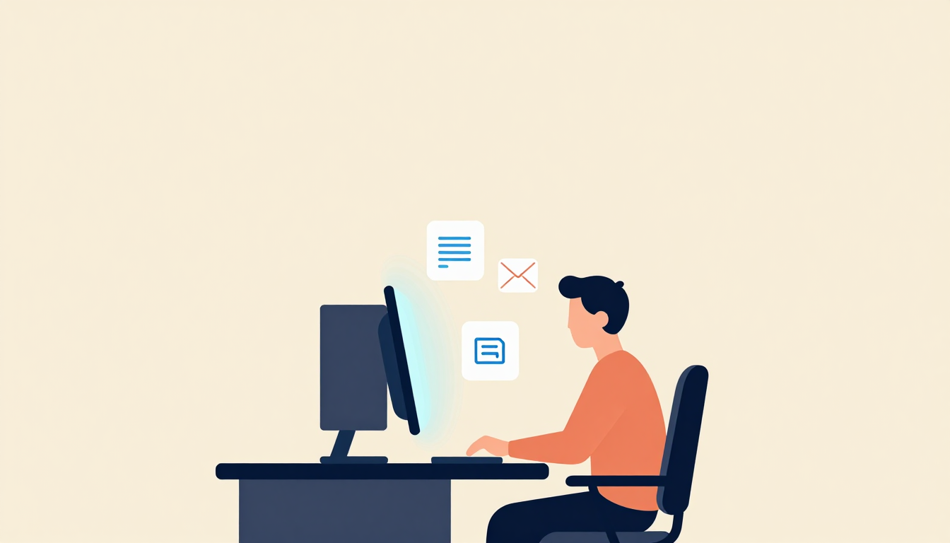 A person works at a computer with a glowing tower and floating icons.