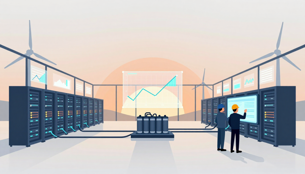 Two engineers adjust controls in a server hall with external wind turbines and fluctuating power displays.