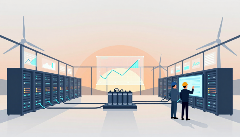 Two engineers adjust controls in a server hall with external wind turbines and fluctuating power displays.