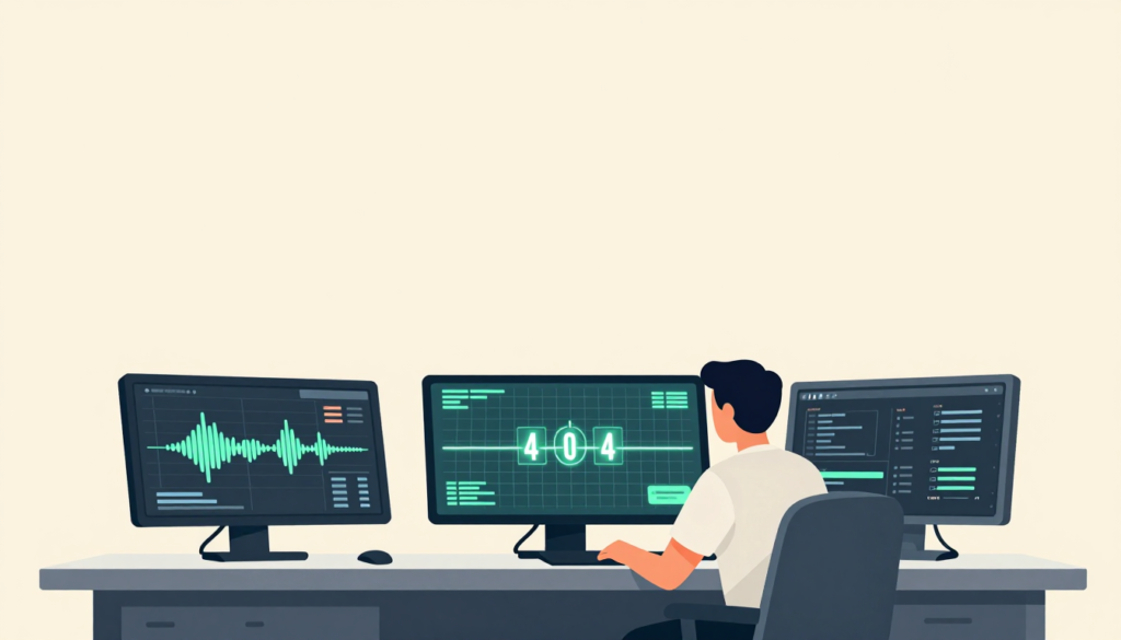 An engineer observes data on multiple screens in a minimalist control room.