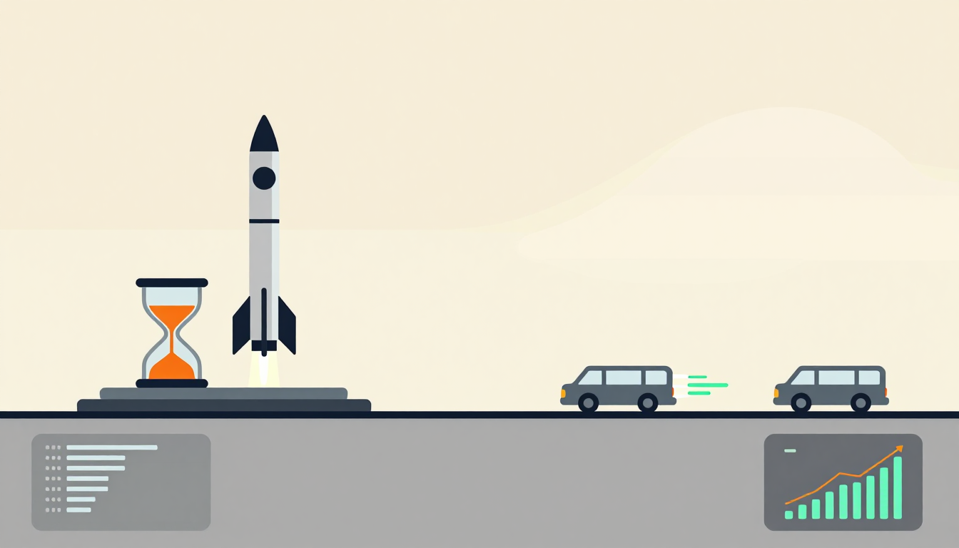 A sleek rocket launches upward as two stalled vans wait below.