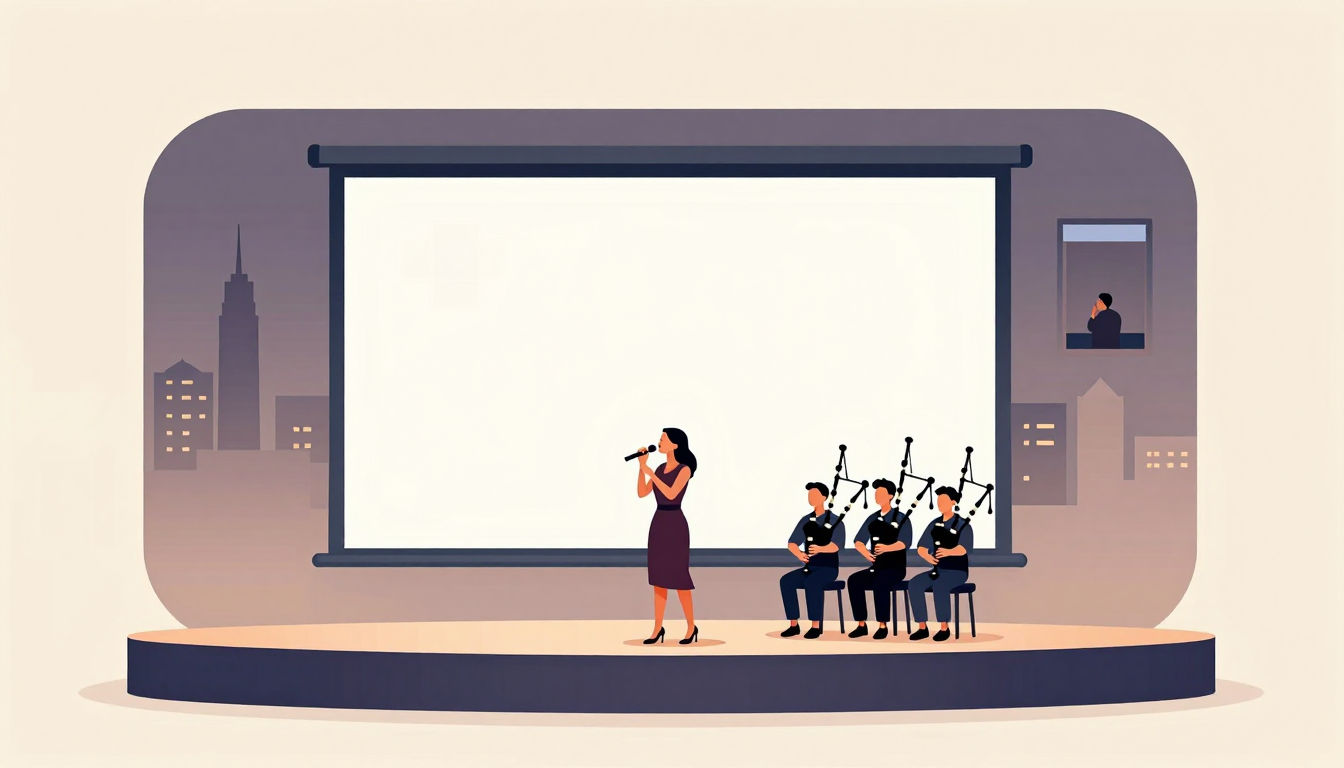 A singer and three bagpipers perform on a stage under a large screen, watched by a remote observer.