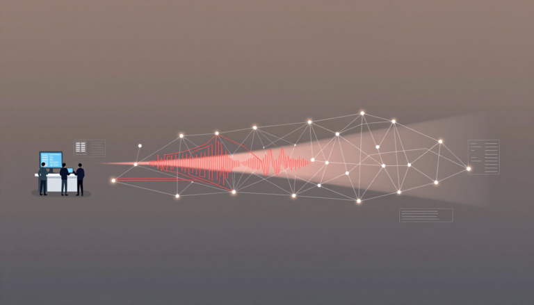 Three figures monitor a scanning beam illuminating hidden red code paths in a vast digital network.