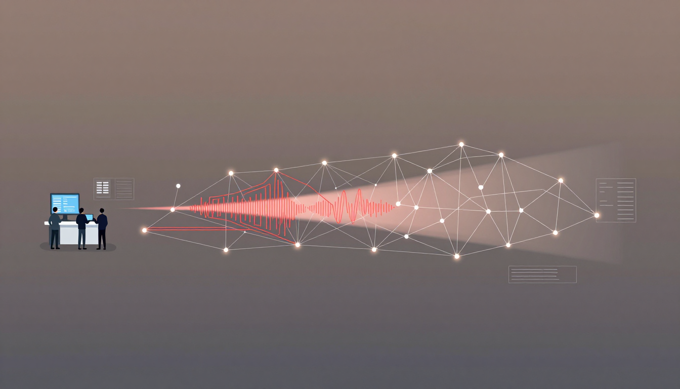 Three figures monitor a scanning beam illuminating hidden red code paths in a vast digital network.
