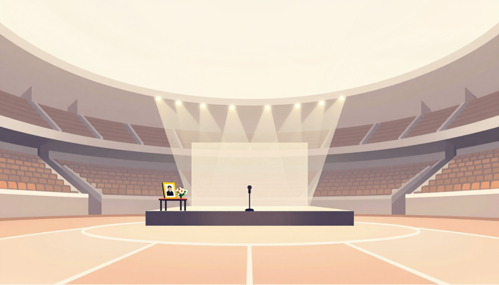Empty arena with spotlighted stage holding memorial items.
