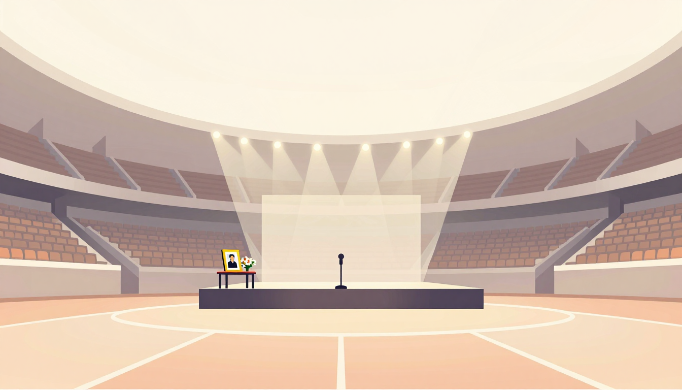 Empty arena with spotlighted stage holding memorial items.