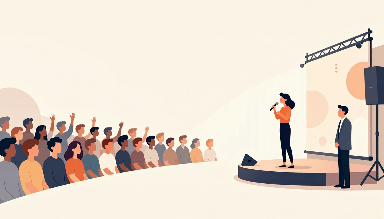 A speaker addresses an attentive crowd from a raised platform.