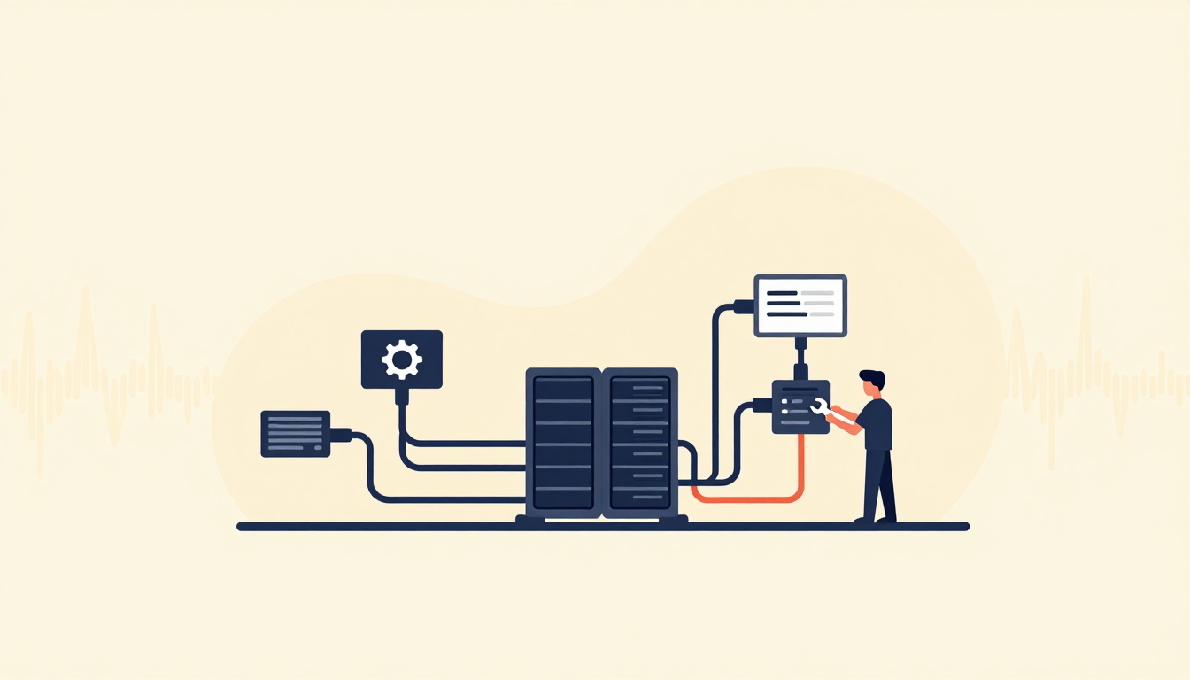Developer adjusts server connections with a wrench.