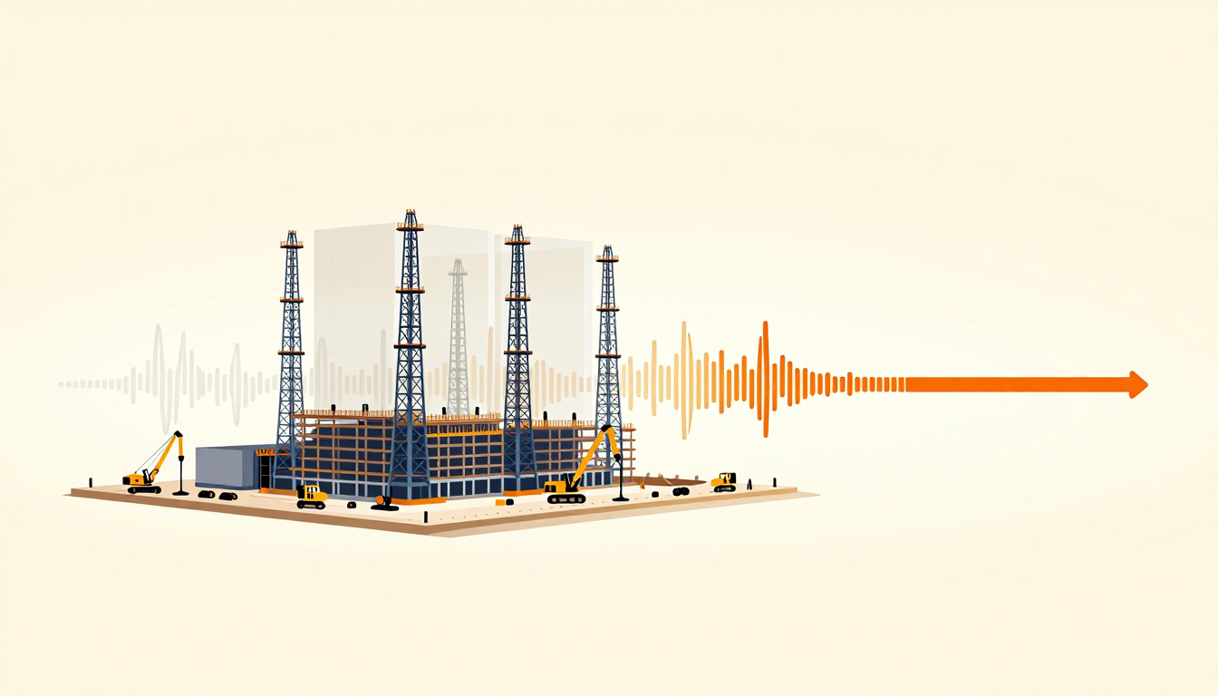 A construction site features towering structures and machinery under a digital timeline overlay.