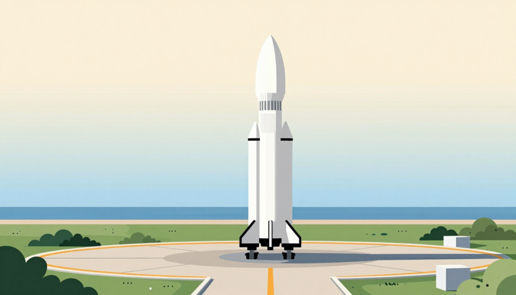 A white rocket poised for launch at dawn near a coastal launch pad.