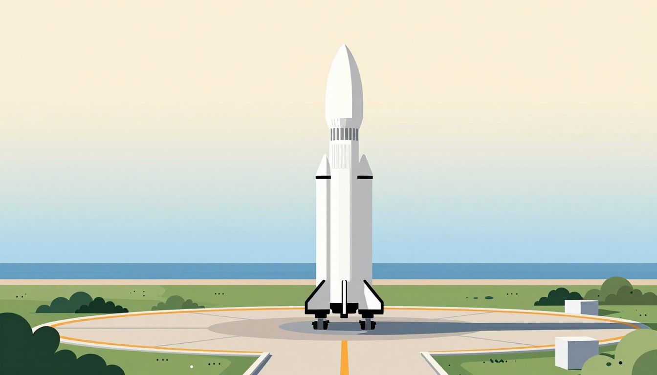 A white rocket poised for launch at dawn near a coastal launch pad.