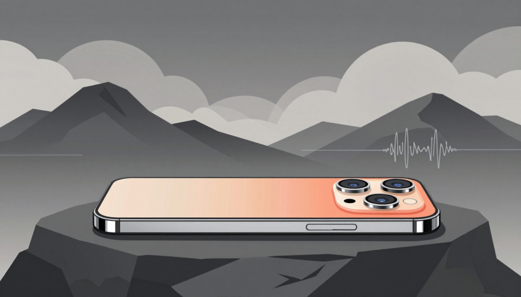 Smartphone on rocky outcrop in mountainous terrain under stormy clouds.