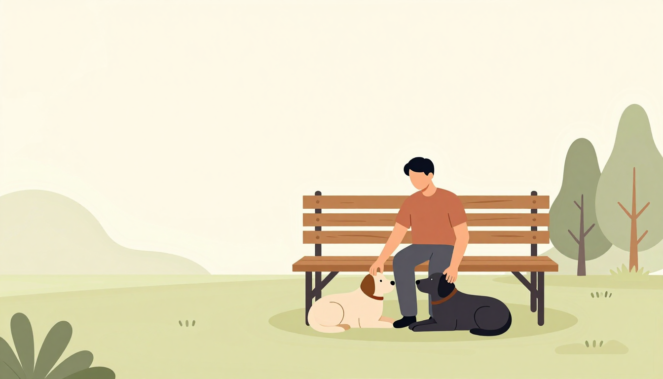 A man pets two dogs resting beside him on a park bench in a quiet garden.