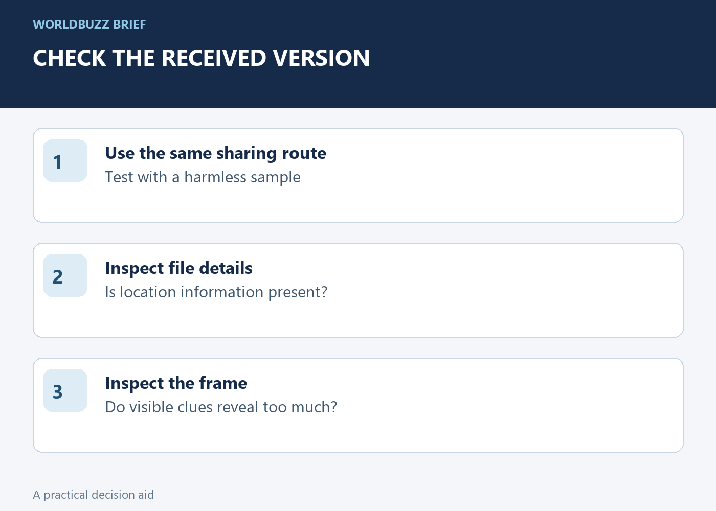 CHECK THE RECEIVED VERSION; Use the same sharing route; Test with a harmless sample; Inspect file details; Is location information present?; Inspect the frame; Do visible clues reveal too much?
