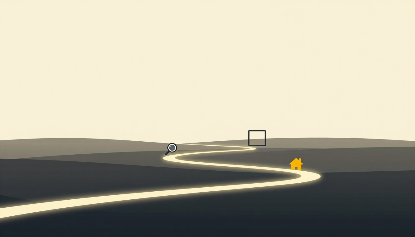 Glowing path curves through dark terrain, marked by three distinct symbols in sequence.