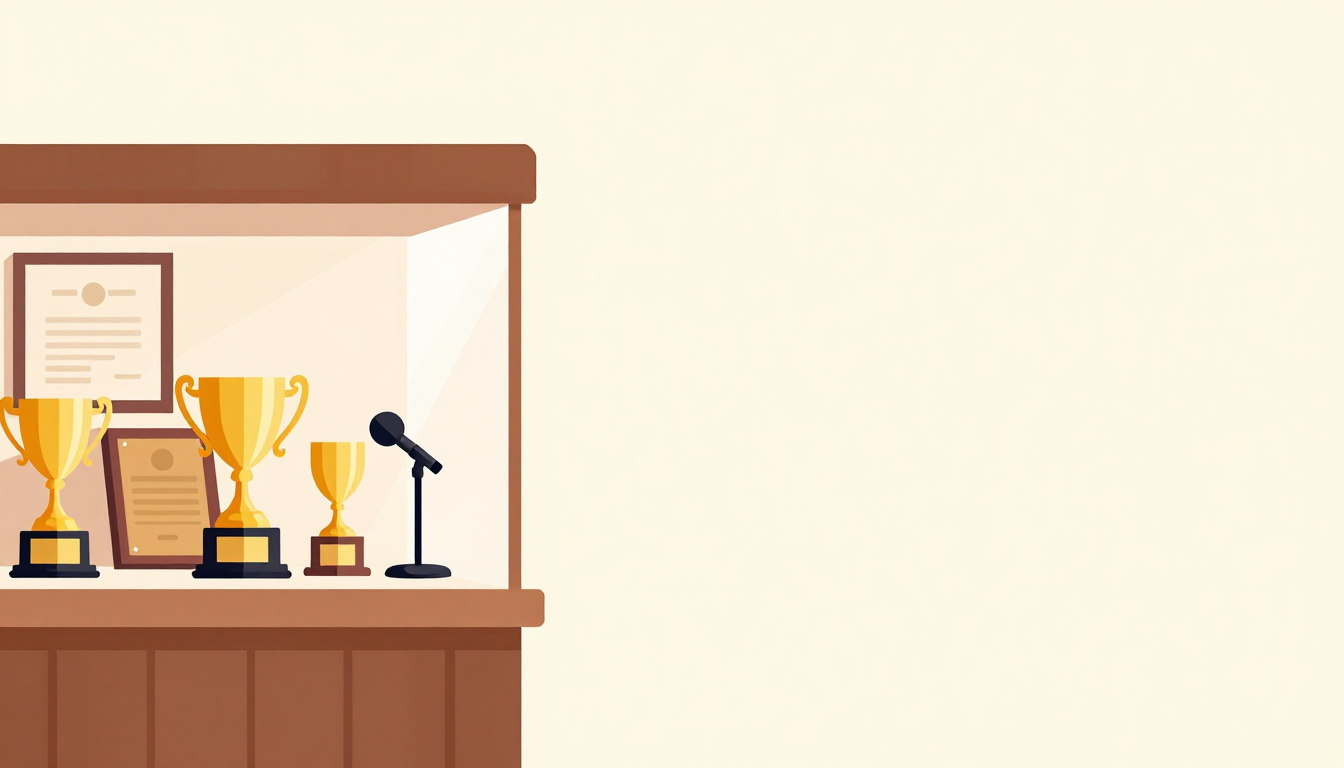 Trophies and certificates displayed in a glass case with a microphone stand nearby.