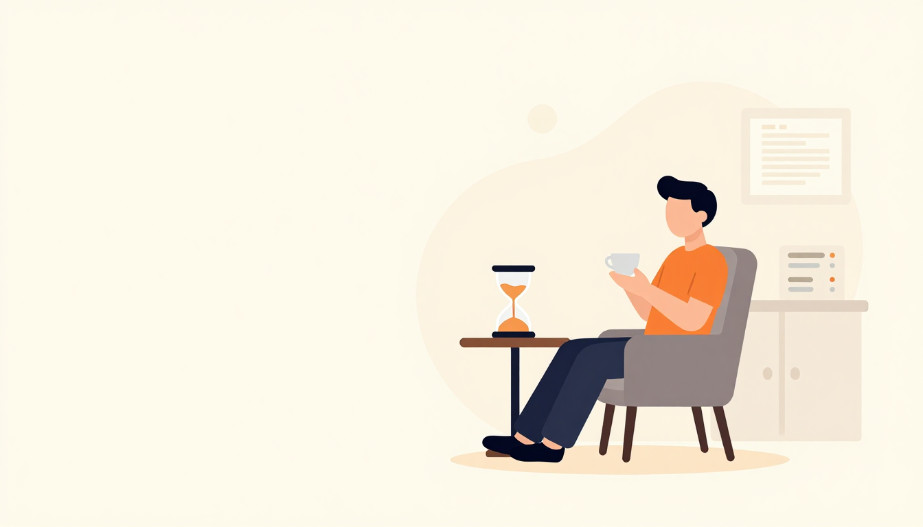 A person sips tea while seated beside an hourglass on a side table.