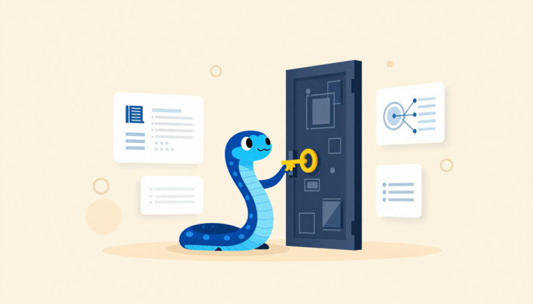 A digital snake unlocks a mechanical door with a golden key while surrounded by floating tech panels.