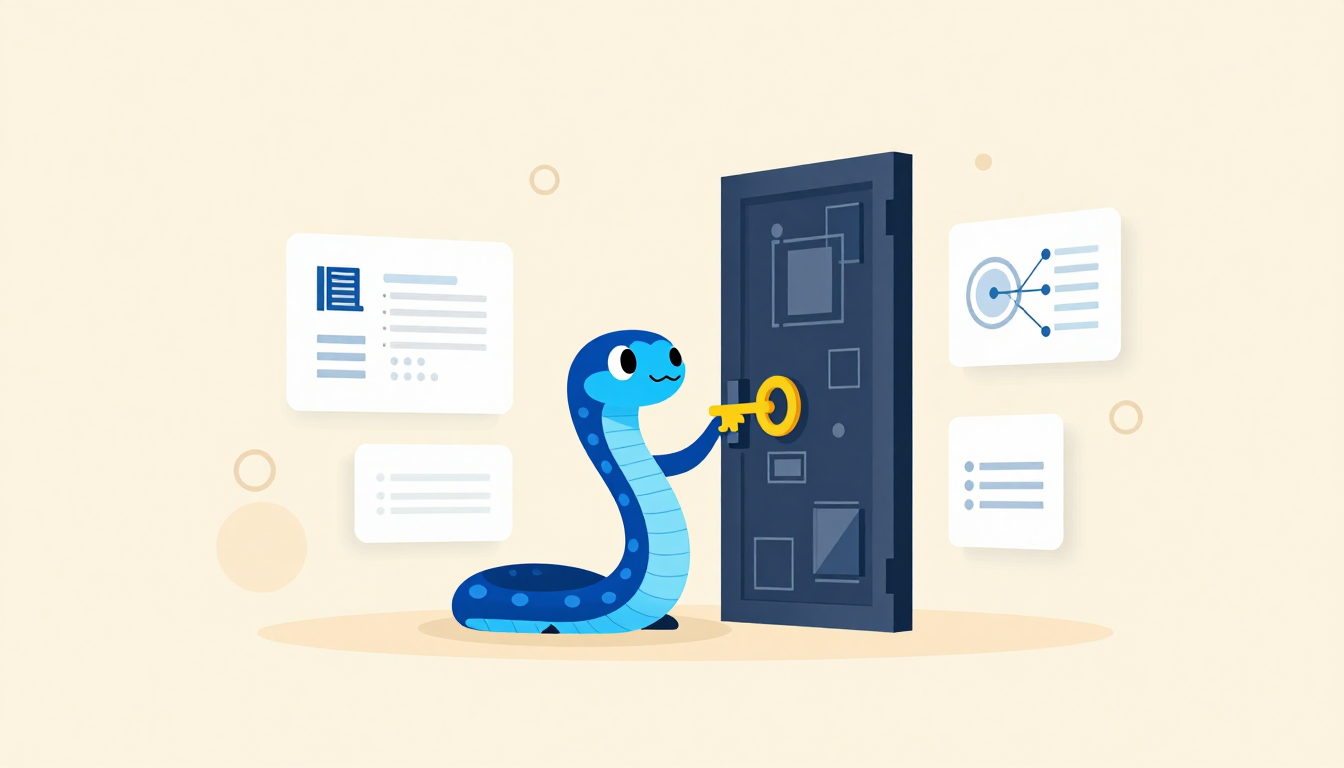 A digital snake unlocks a mechanical door with a golden key while surrounded by floating tech panels.