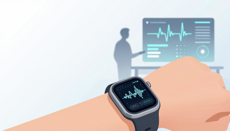 A smartwatch displays pulsing waveforms as a person stands by a health metrics screen.