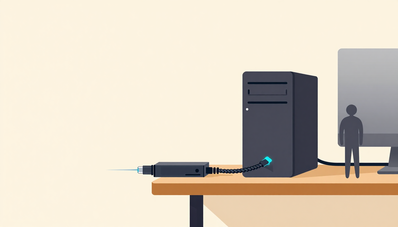 A sleek desktop tower connects to an external drive via a glowing blue cable, with a figure observing the setup.