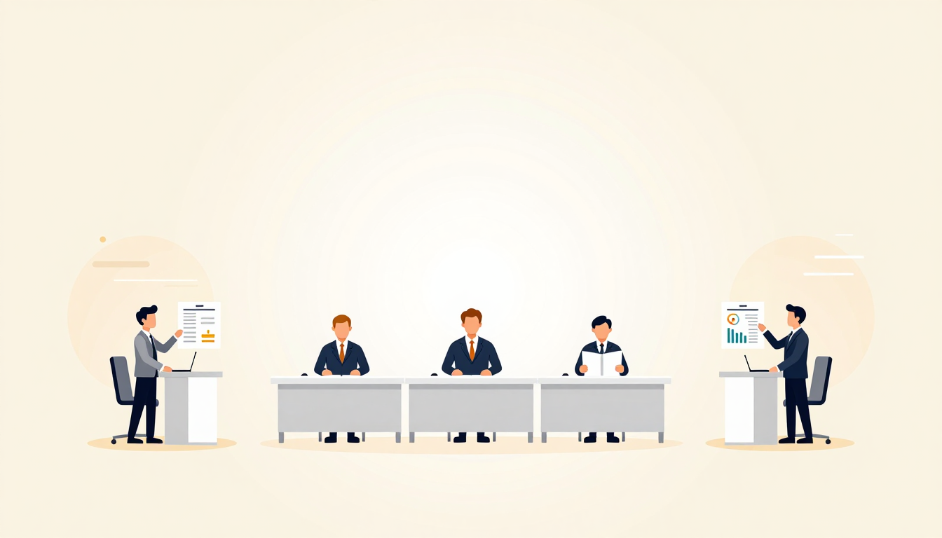 Judges evaluate business presentations in a minimalist conference room setting.