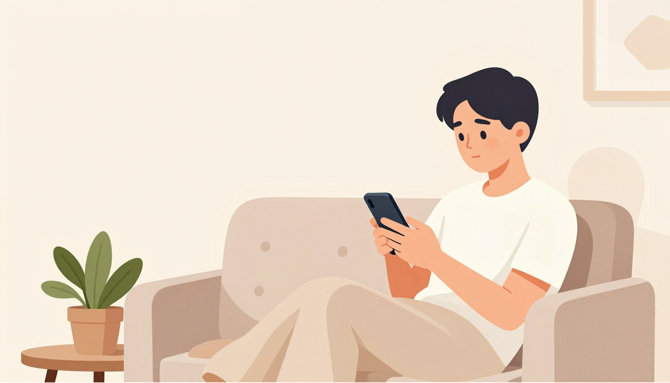 A young person holds a phone while seated on a sofa in a softly lit room.