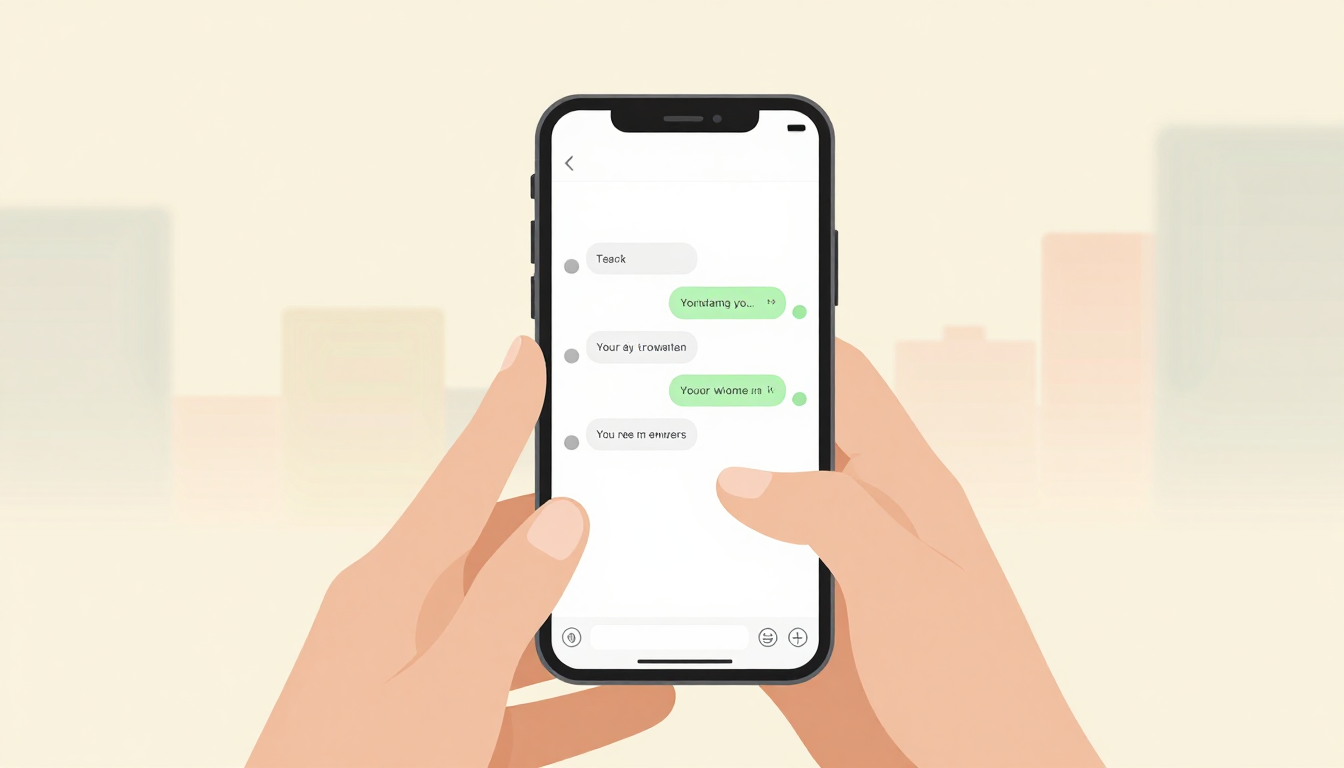 Hands hold phone showing simple chat messages.