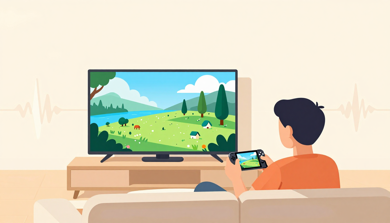 Person playing a game on a handheld device while a TV shows the same scene.