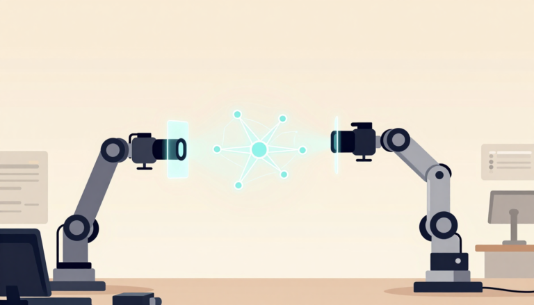 Robotic arms display camera lenses connected to a floating neural network diagram.