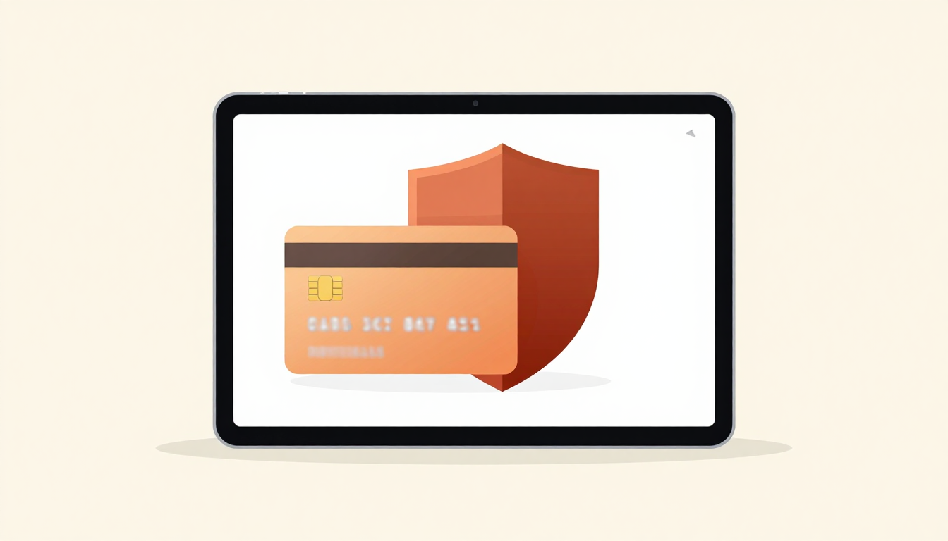 Tablet showing secure online payment interface with shield and obscured card details.