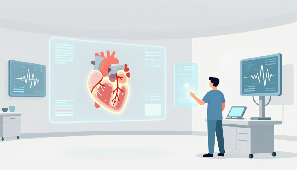 A clinician in scrubs gestures at a floating 3D heart display in a futuristic medical room.