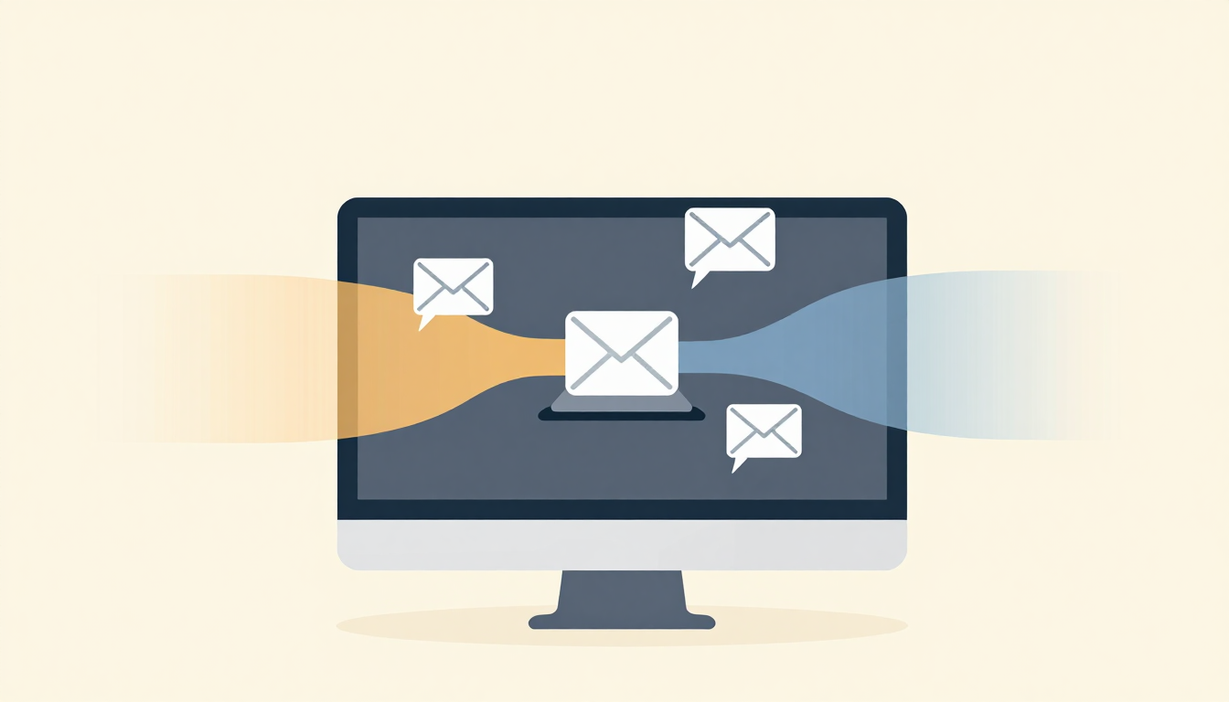 A monitor displays incoming emails converging into a processing center.