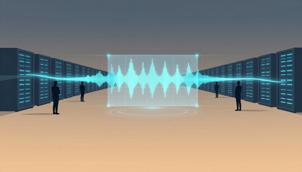 Four figures stand in a server room as blue energy flows through racks and a central hologram.
