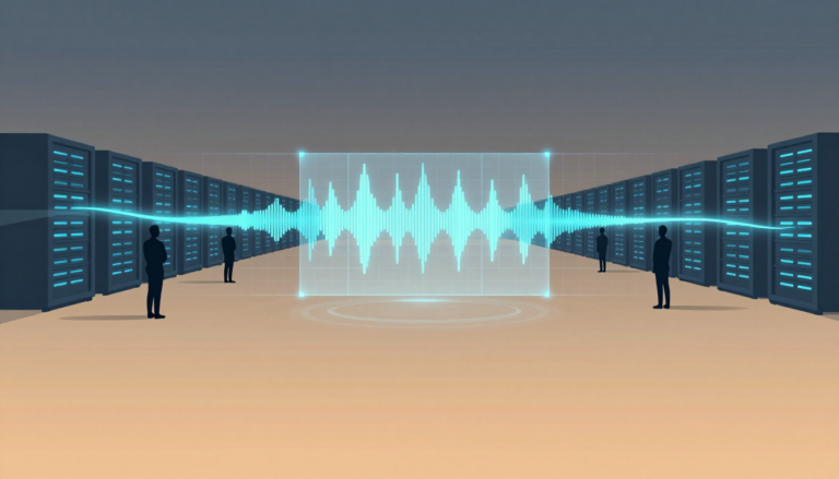 Four figures stand in a server room as blue energy flows through racks and a central hologram.