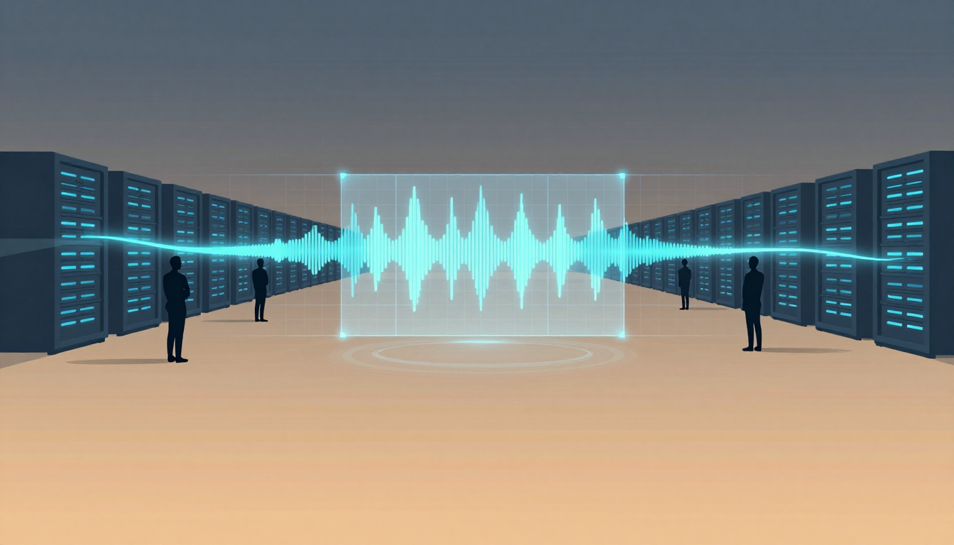 Four figures stand in a server room as blue energy flows through racks and a central hologram.