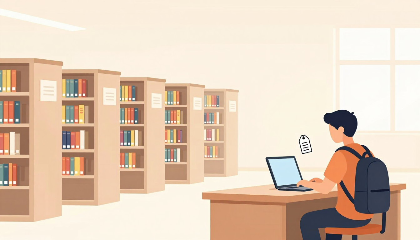 Student studies at a library desk with a laptop and floating discount tag.