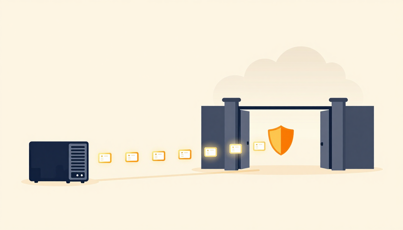 Glowing data packets travel from a server toward a guarded gate.