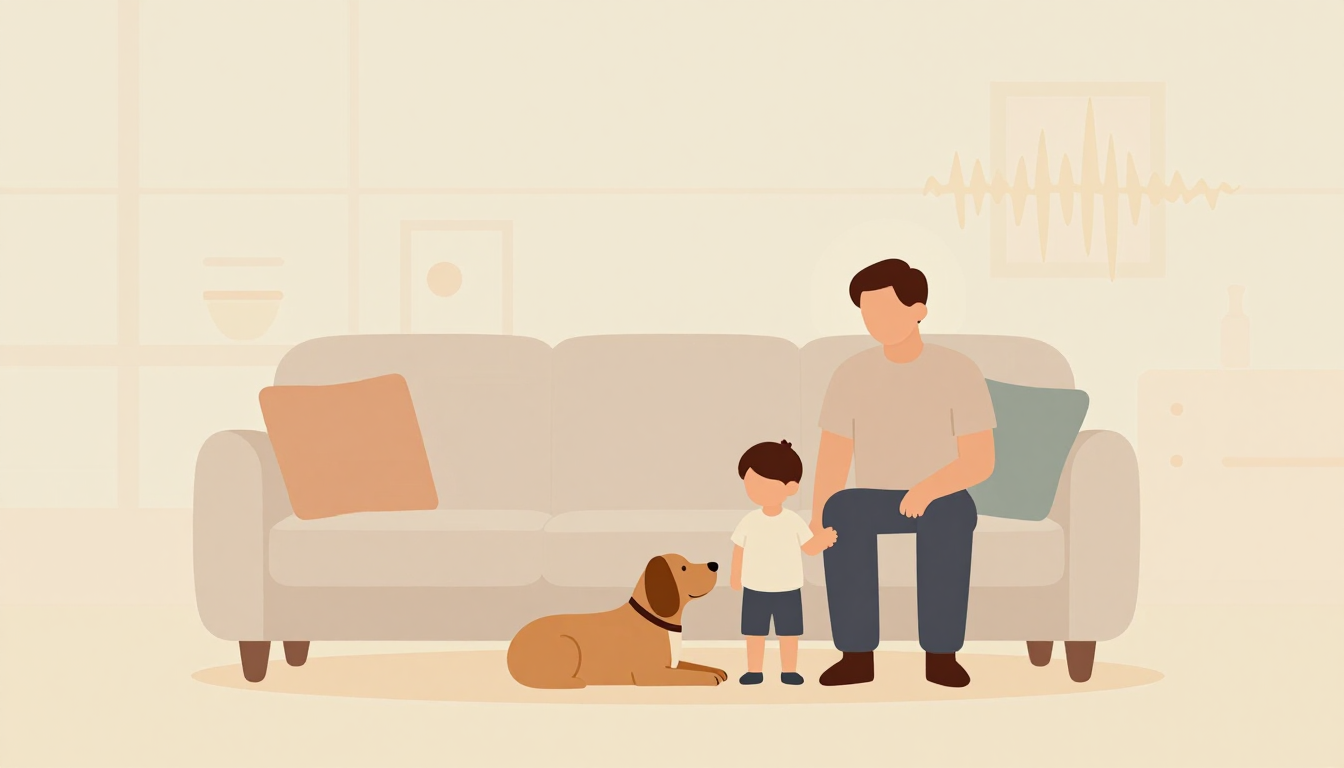 Adult and child sit together on a sofa, hand-holding beside a resting dog in a softly lit room.