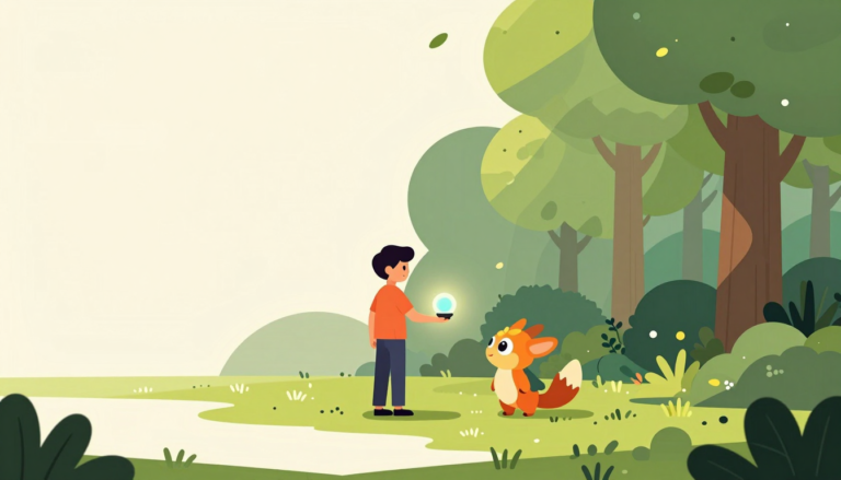 A human offers a glowing orb to a curious, colorful fantasy creature in a vibrant forest clearing.