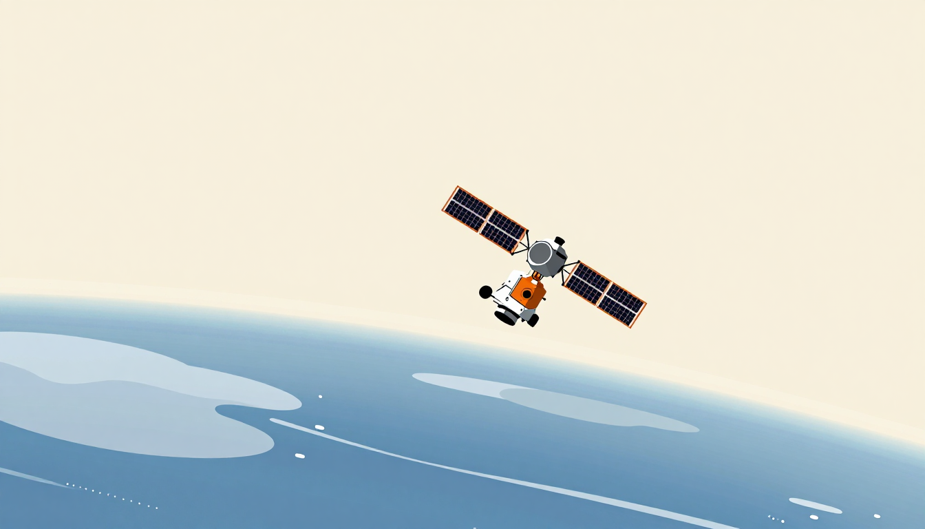 A satellite deploys its solar arrays above Earth's curved horizon.