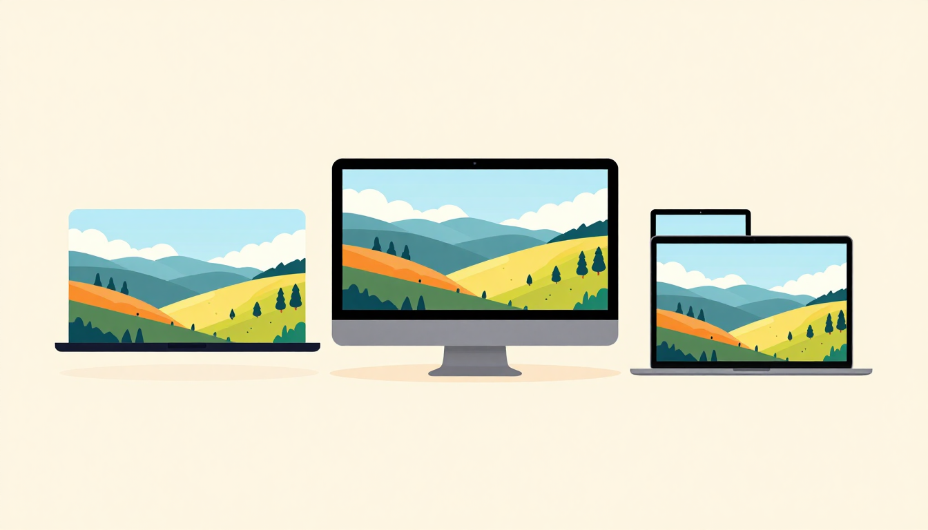 Three devices display matching colorful landscape scenes.