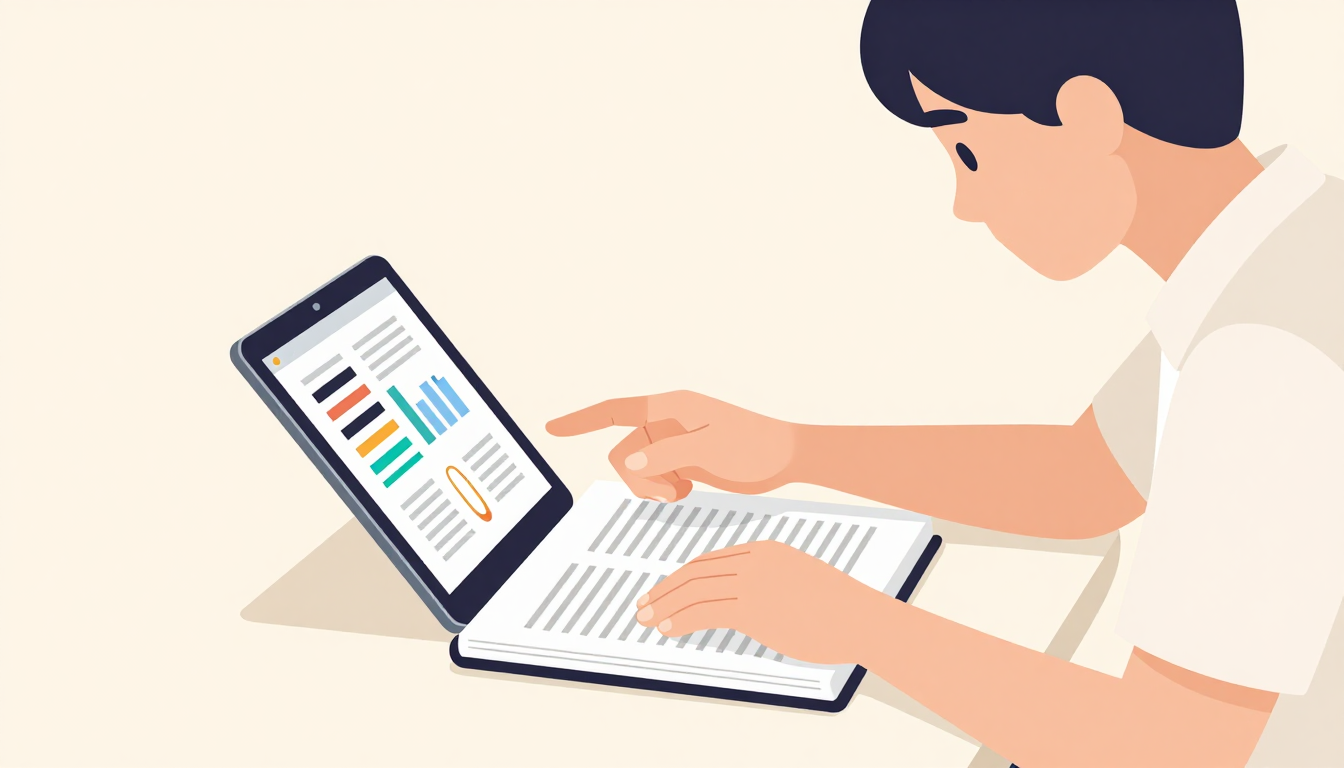 Person compares digital charts to a textbook while leaning forward.