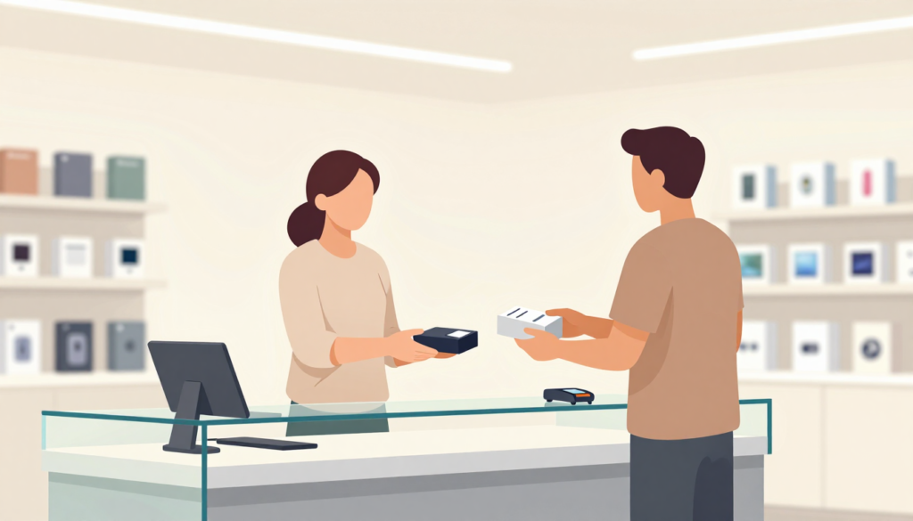 Customer and cashier exchange items at a modern retail counter.
