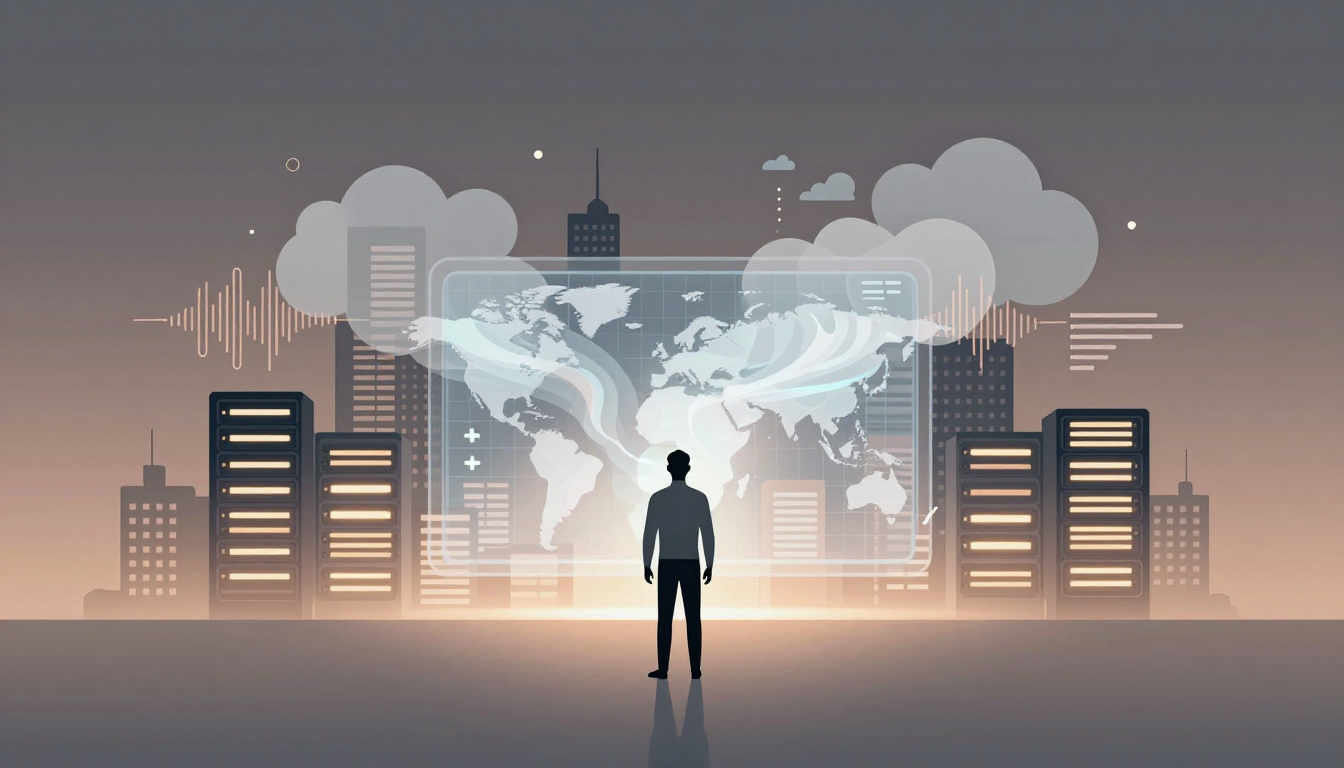 A lone figure observes a global map superimposed over urban infrastructure and data servers.