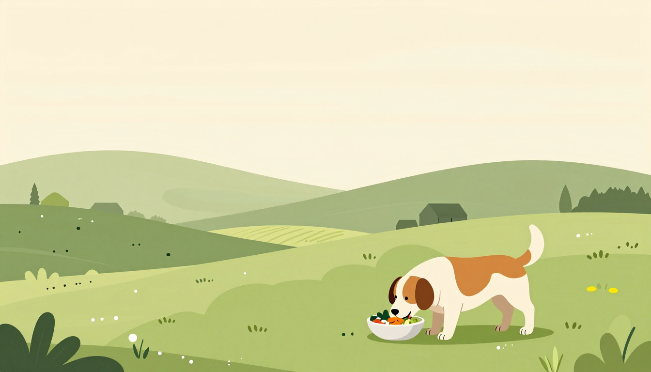 A dog eats from a bowl on a grassy hillside with distant farm buildings.