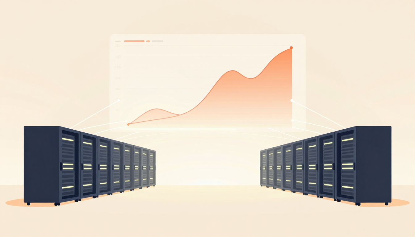 Server racks linked to a projected energy consumption chart via light lines.