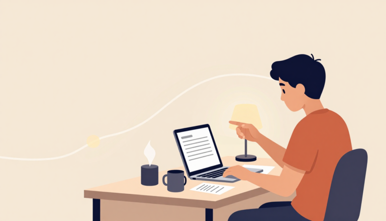Teenager studies on laptop at night with warm lamp and steaming mug.